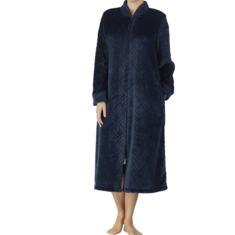 Secret Treasures Traditional Cozy Plush Chenille Long Sleeve Zip Robe Navy NWT